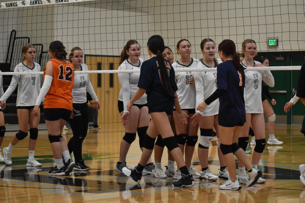 Frosh team shaking hands with opposite team under net after their game